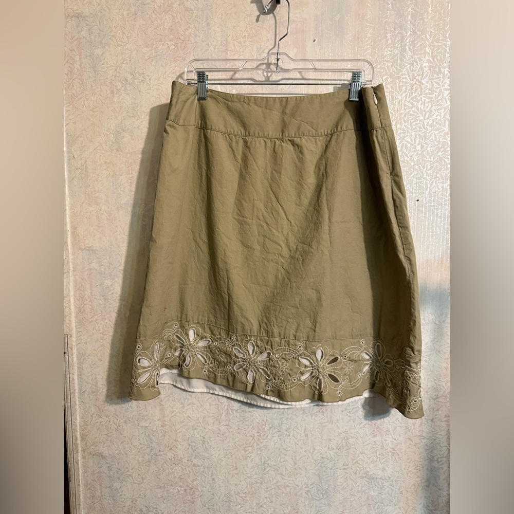 CJ Banks Tan A-Line Skirt with Embroidered Floral Eyelet Hem, Fully Lined, 14 W